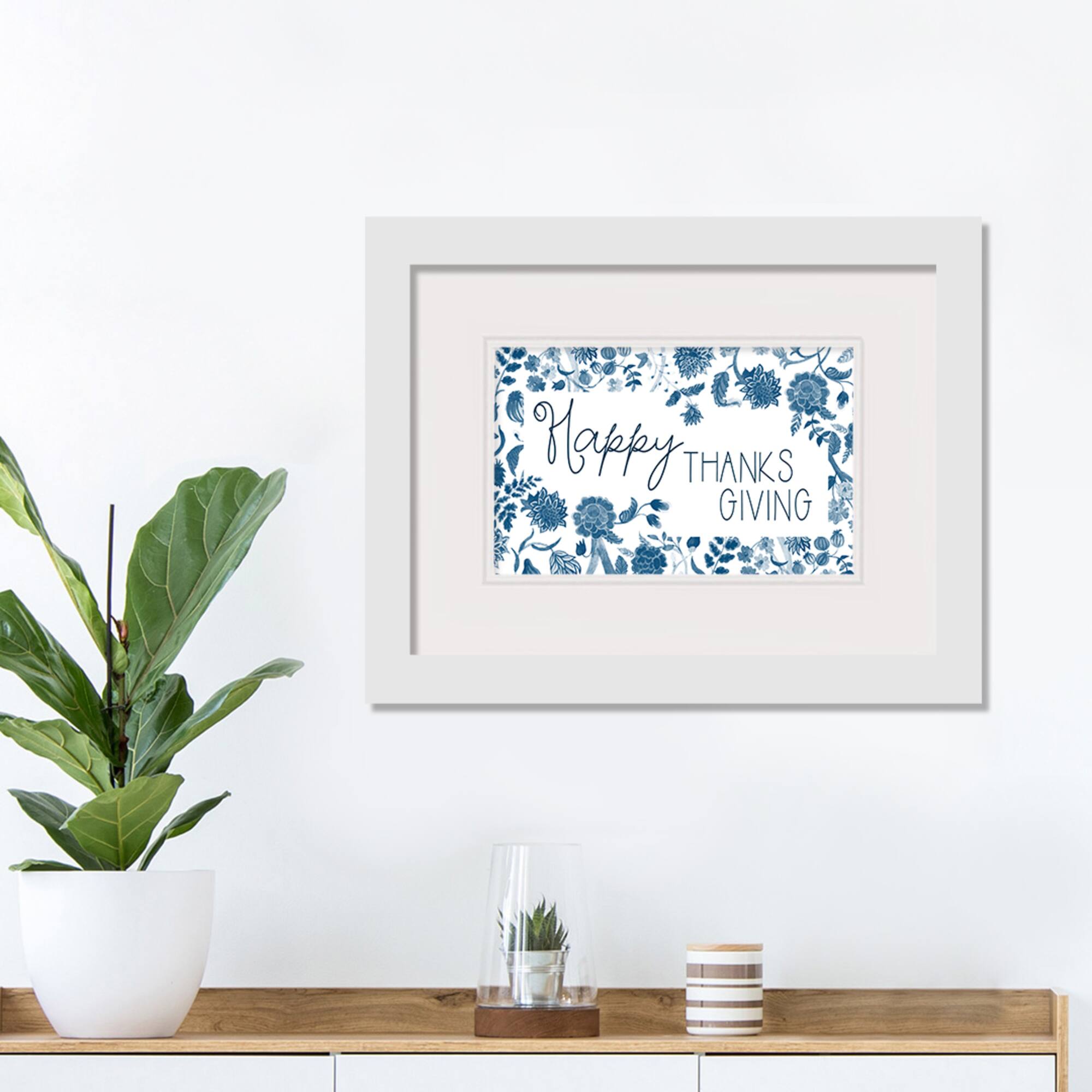 Blue & White Happy Thanksgiving Fall Print in White Frame